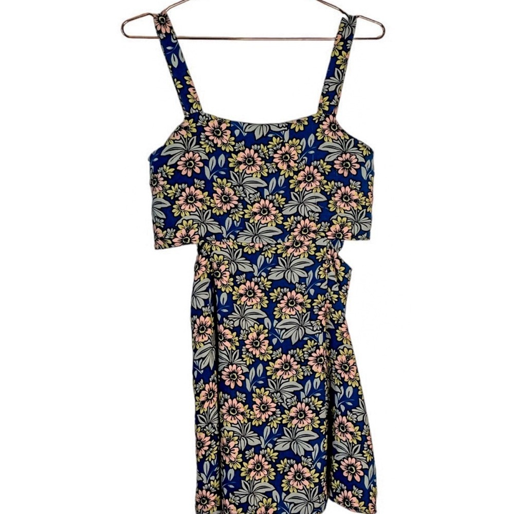 Topshop Navy blue pink yellow daisy floral sleeveless dress with cutouts